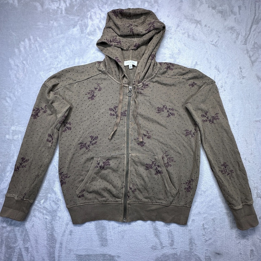 Lucky Brand Womens Small Olive Green Floral Polka Dot Fleece Lined Zip Hoodie